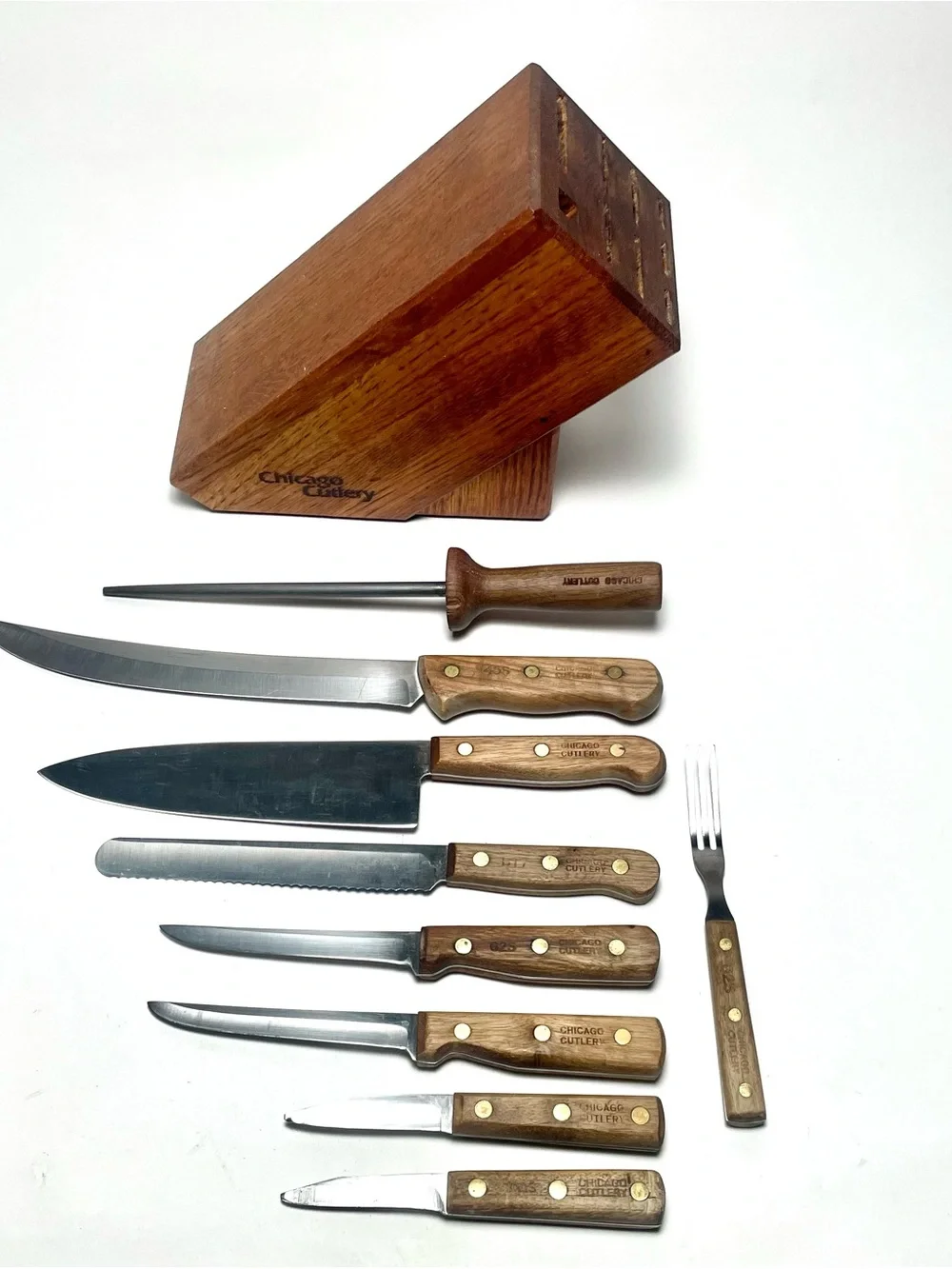 Vintage Chicago Cutlery 10 Piece Kitchen Knife, Fork & Block Set Walnut USA